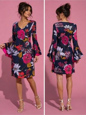 Trina Turk beautiful floral print dress size 4 belled sleeves fushia lining NWT